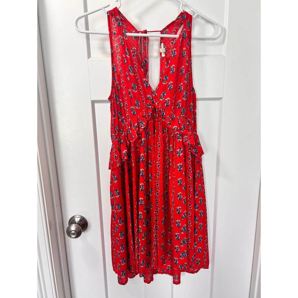 En Creme Women's Floral Print Ruffle Mini Fit & Flare Dress Red Blue Size Small
